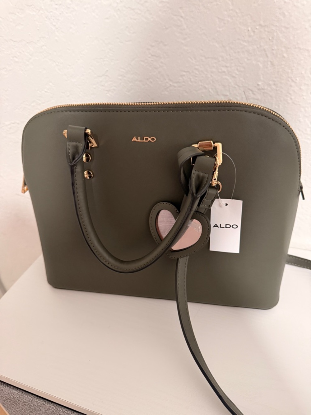 Aldo Olive Dome Satchel with Pink Heart Charm